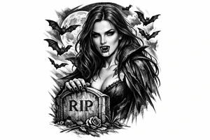 female vampire,bats,full moon,a gravestone. tattoo idea