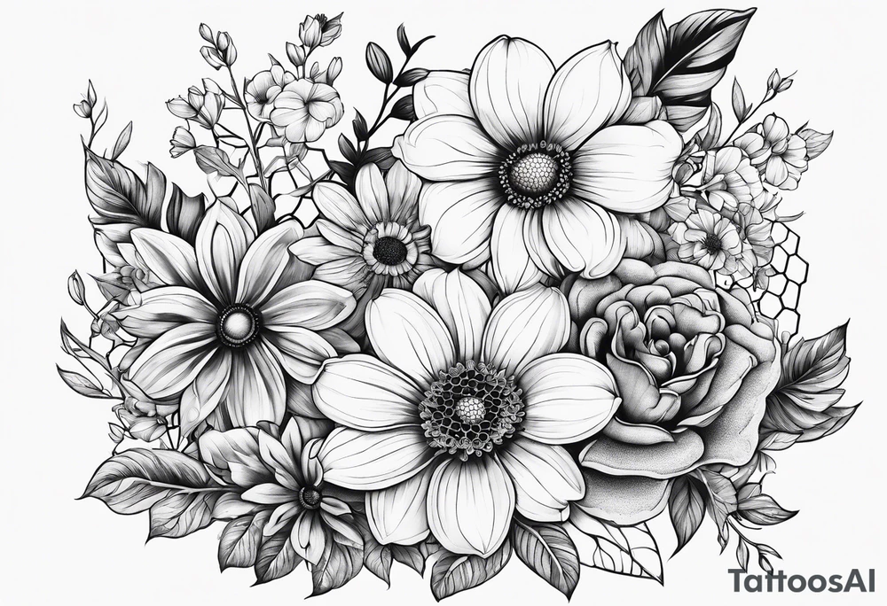 Flowers surrounded by honeycomb tattoo idea