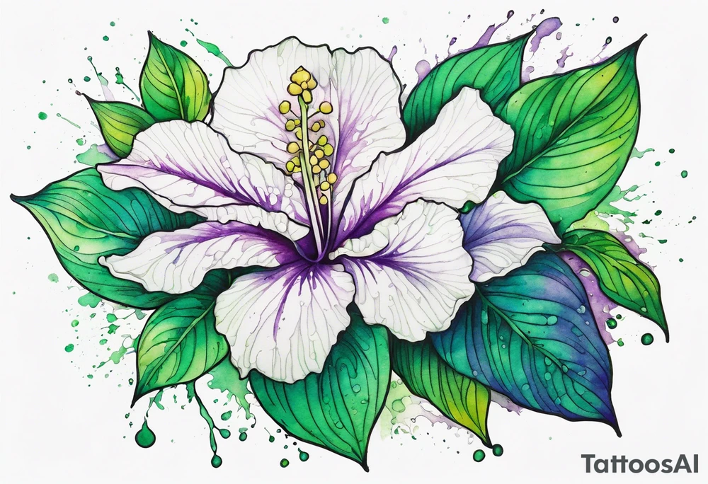 An outline of a green rio dipladenia flower and a green/purple watercolor splash in the background tattoo idea