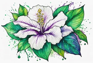 An outline of a green rio dipladenia flower and a green/purple watercolor splash in the background tattoo idea
