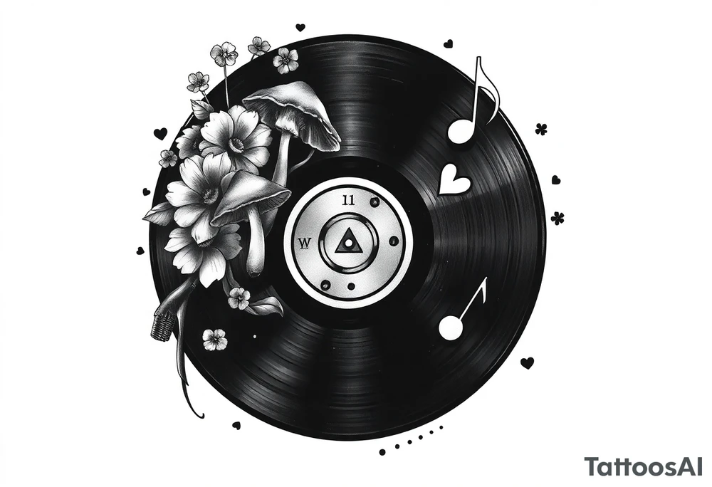 vinyl record with mushrooms, flowers, hearts, and music notes tattoo idea