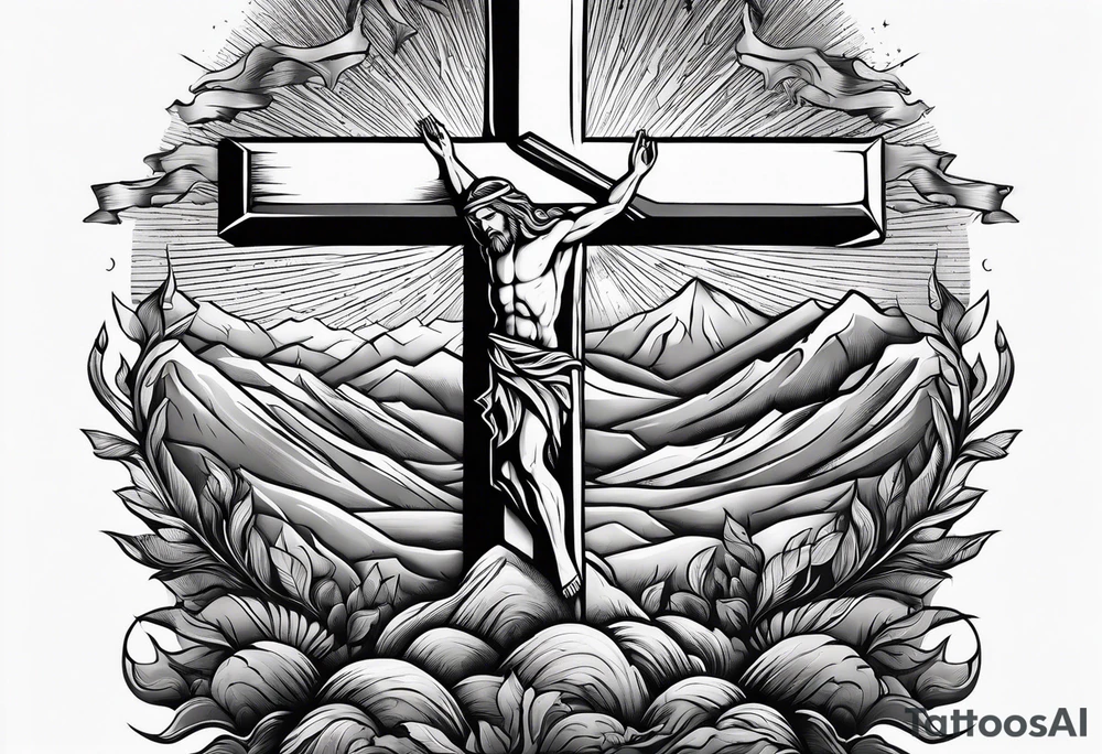 hand reaching through the cross of Christ in the mountains tattoo idea