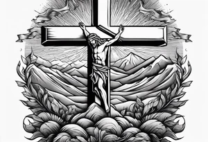 hand reaching through the cross of Christ in the mountains tattoo idea