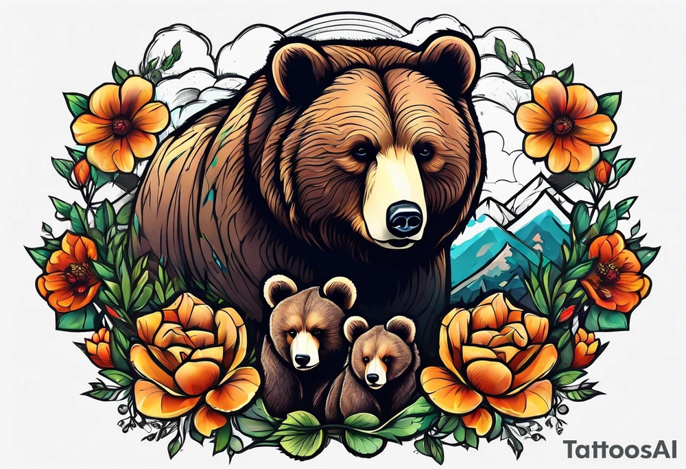 momma bear with 3 cubs tattoo idea