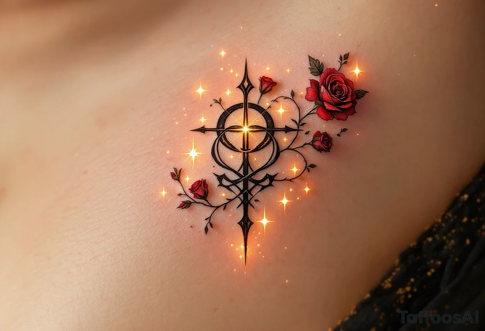 A mystical love runey with golden light, surrounded by a faint magical aura. The symbol itself is engraved with sharp, symmetrical lines, and small roses wrap around the edges. The tattoo evokes timeless love, with deep red accents and delicate glowing stars scattered around it. tattoo idea