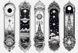 Long narrow spine tattoo. Includes moon, stars and ancient symbols tattoo idea