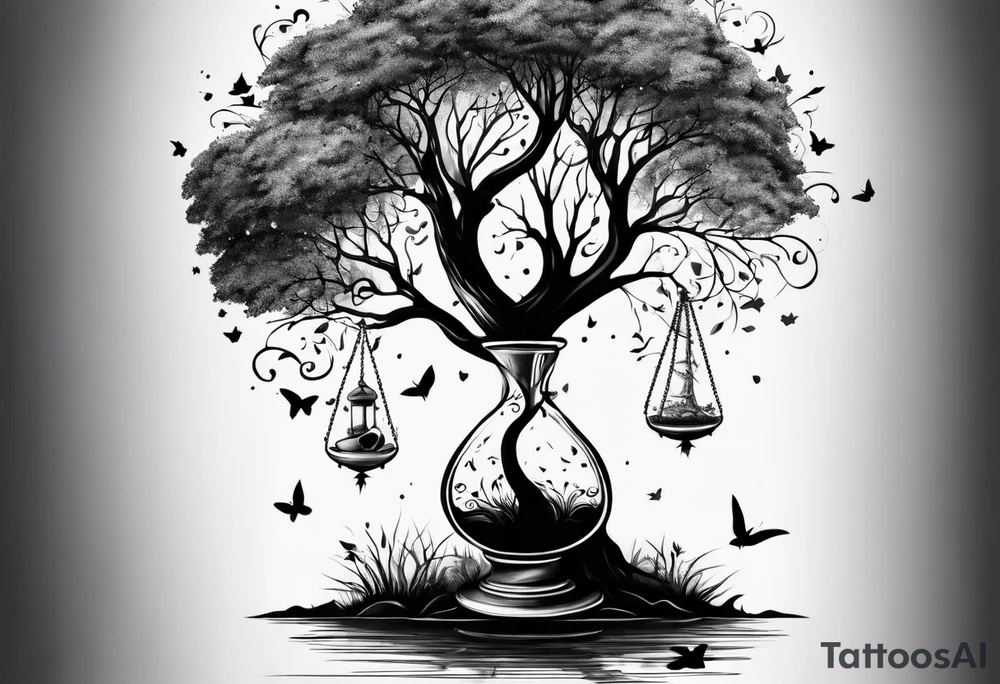 tattoo drawing of a tree on top a hour glass tattoo idea