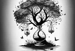 tattoo drawing of a tree on top a hour glass tattoo idea