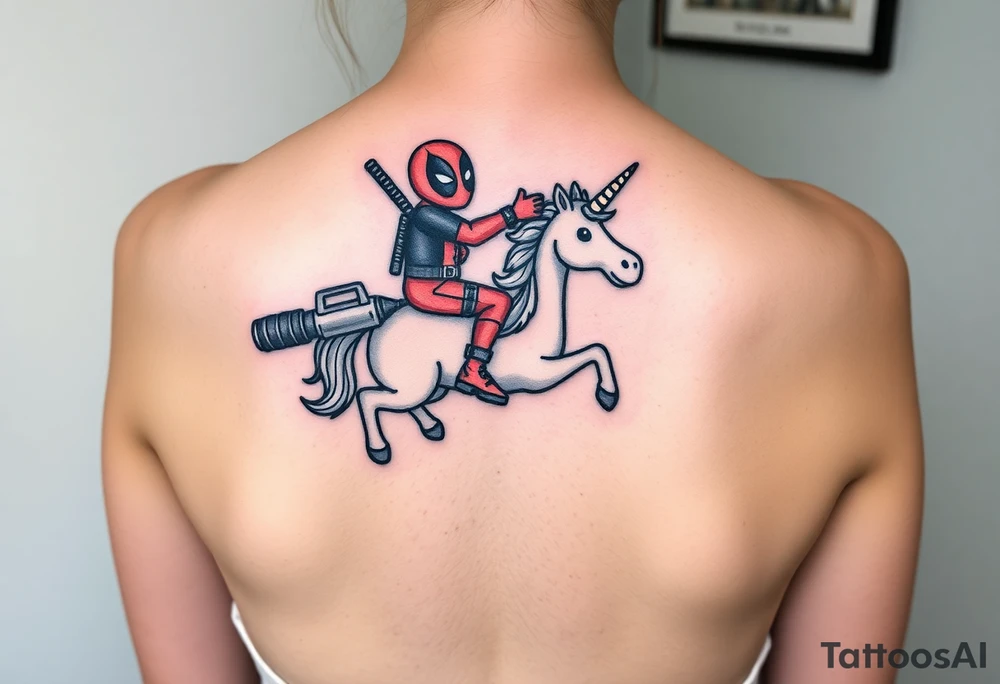 Deadpool riding unicorn pointing rocket propelled grenade launcher tattoo idea