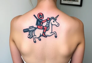 Deadpool riding unicorn pointing rocket propelled grenade launcher tattoo idea