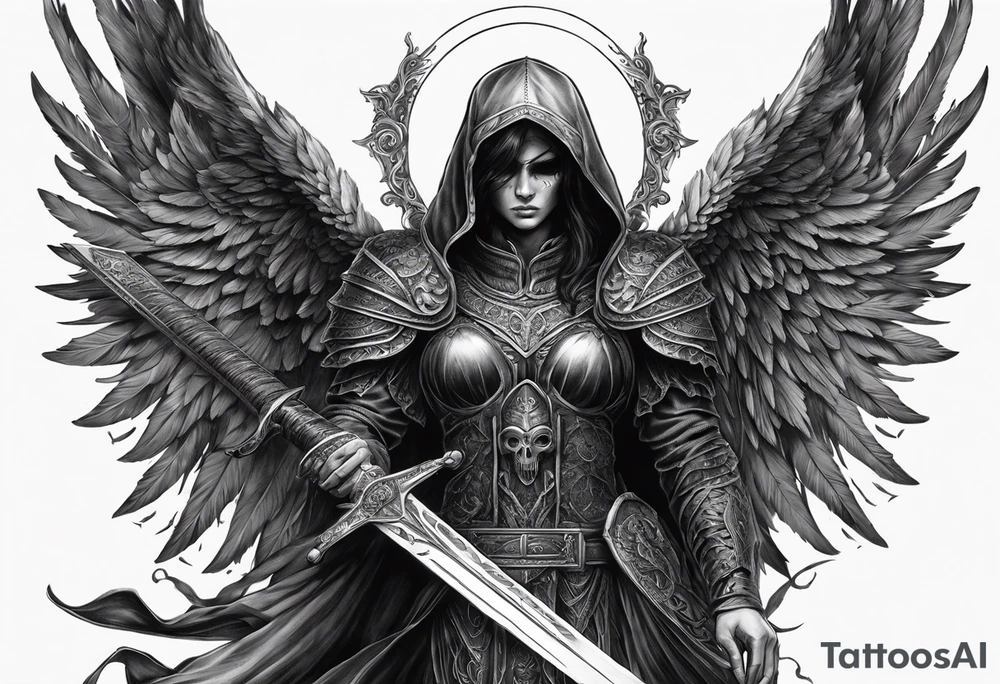 realistic black angel of death, without face, with wings holding one sword in both hands, the sword is held edge toward the ground tattoo idea