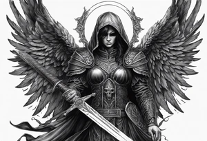 realistic black angel of death, without face, with wings holding one sword in both hands, the sword is held edge toward the ground tattoo idea