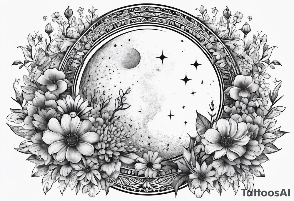 powerful moon and little flowers tattoo idea