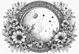 powerful moon and little flowers tattoo idea
