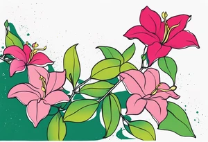 abstract mandevilla flowers on a vine, with color leaking out into the background. SOme of the flowers should be full color, and some just linework. It should have a handdrawn, sketch feel. tattoo idea