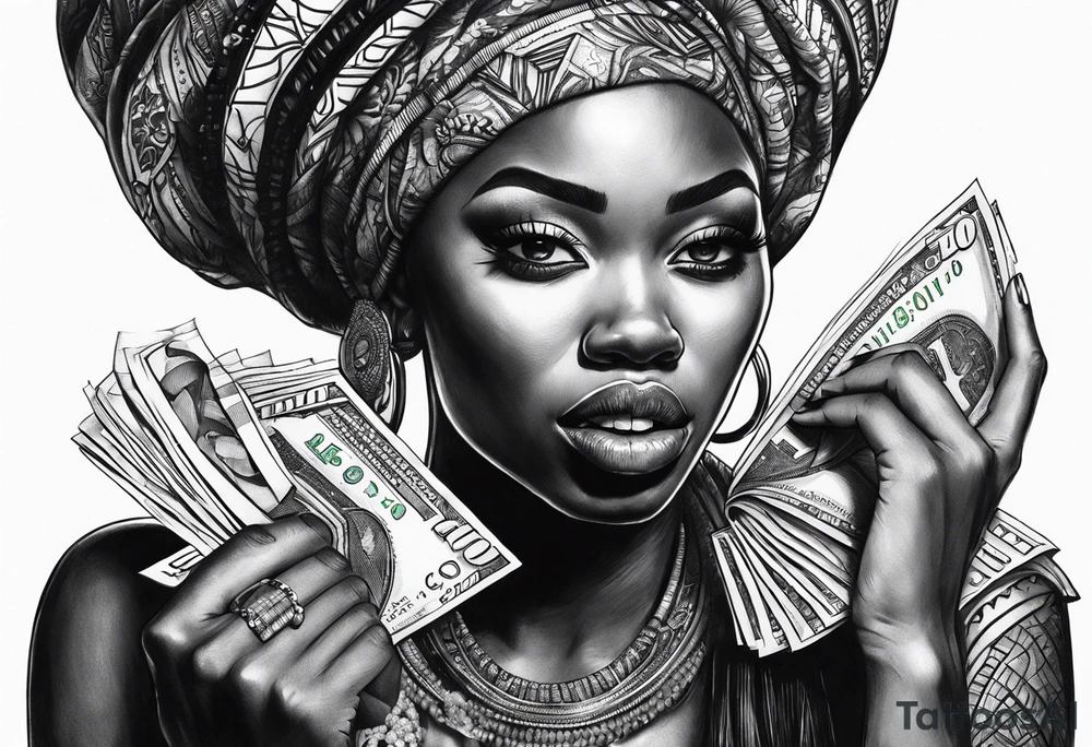 african woman biting money tattoo idea
