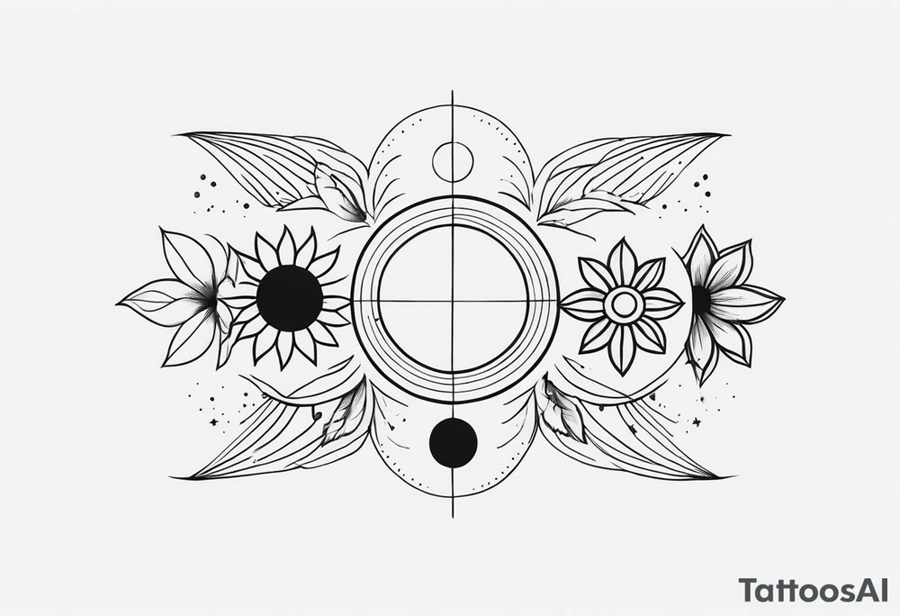 Strip of Moon phases in horizontal line, floral tattoo idea