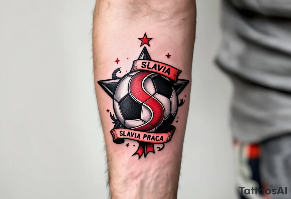 A bold black and red soccer ball wrapped in the iconic Slavia Praha star and banner. tattoo idea