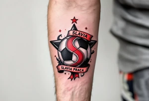 A bold black and red soccer ball wrapped in the iconic Slavia Praha star and banner. tattoo idea