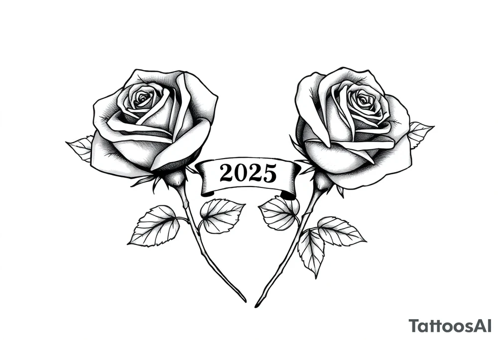 two beautiful rose buds, side by side, with many leaves and stems intertwined, representing two people in love. Include a small banner connecting the roses with "2025" on it.  The word "Rose" written in Kanji above the drawing.  Dark outlines tattoo idea
