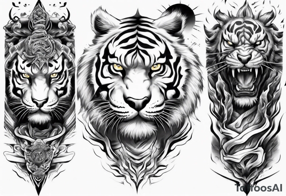 Tiger Warrior sleeve tattoo with lightning and the sun
Forearm sleeve tattoo idea