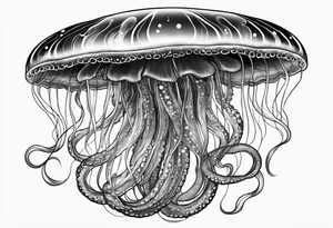 A universe inside a mystical jellyfish with long flowing tentacles tattoo idea