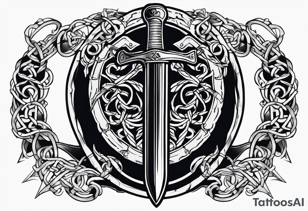 Valhalla sword round shield axe barbed wire chains dark cloud tattoo idea