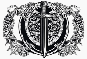 Valhalla sword round shield axe barbed wire chains dark cloud tattoo idea
