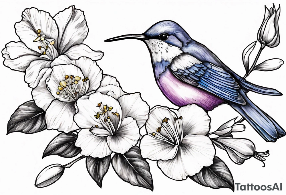 Humingbird made out of Carnation, Snowdrop, Violet, Primrose, Daffodil, jonquil, Lily of the Valley, Hawthorne, Rose, Honeysuckle, Larkspur, Water Lily, Gladiolus & Poppie, Aster, Morning Glory, Chrysanthemum,  Peony, Holly, Narcissus tattoo idea
