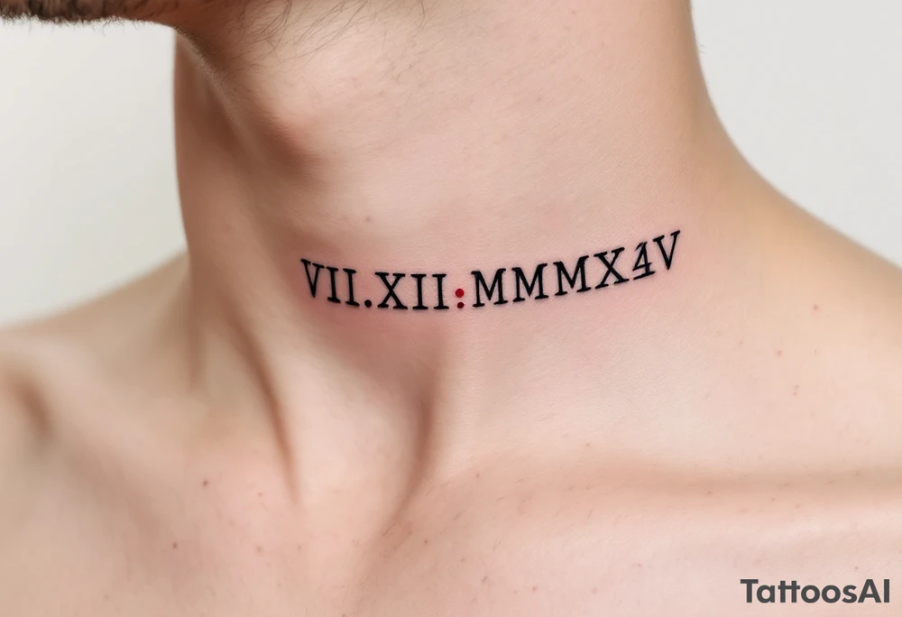 VIII.XII.MMXIV in thick black font circling the neck like a collar, with small ruby red dots separating the numerals. tattoo idea
