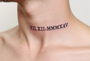 VIII.XII.MMXIV in thick black font circling the neck like a collar, with small ruby red dots separating the numerals. tattoo idea