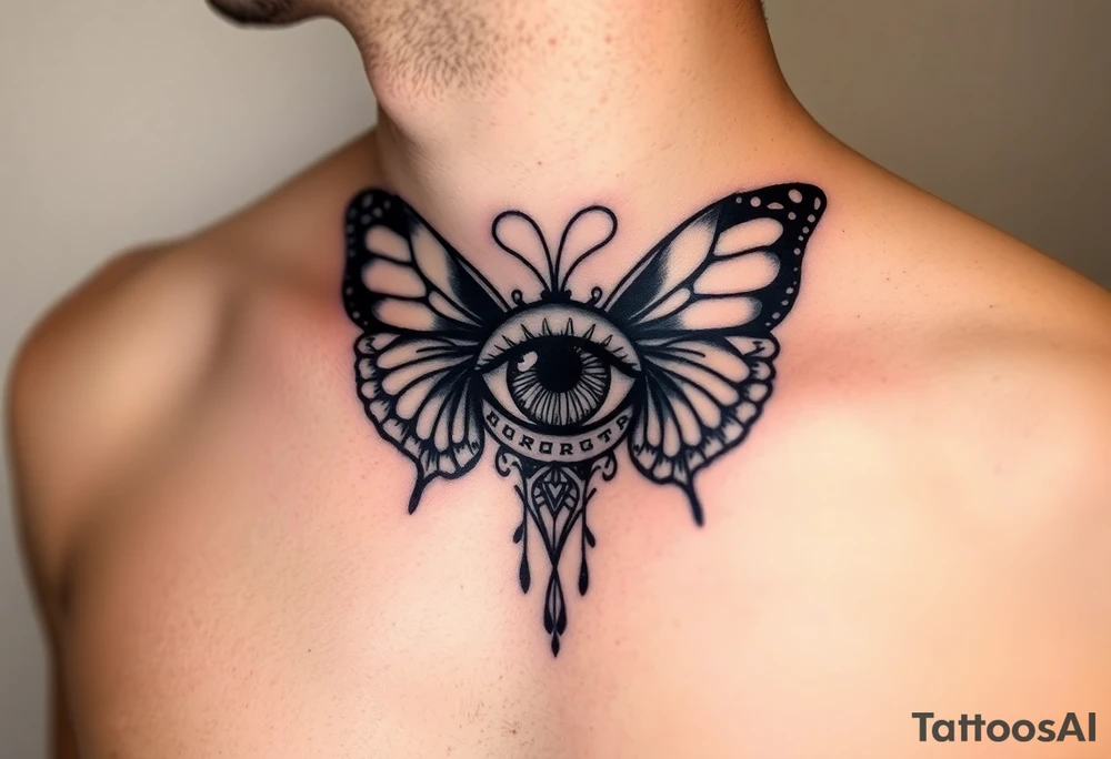 Throat tattoo eye with butterfly wings around it tattoo idea
