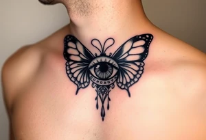 Throat tattoo eye with butterfly wings around it tattoo idea