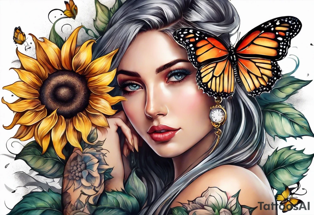 Sleeve with clock, sunflower and butterfly tattoo idea