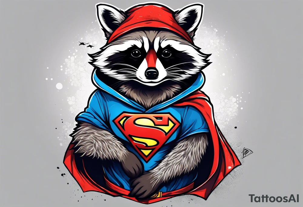 raccoon wearing a Superman hoodie tattoo idea
