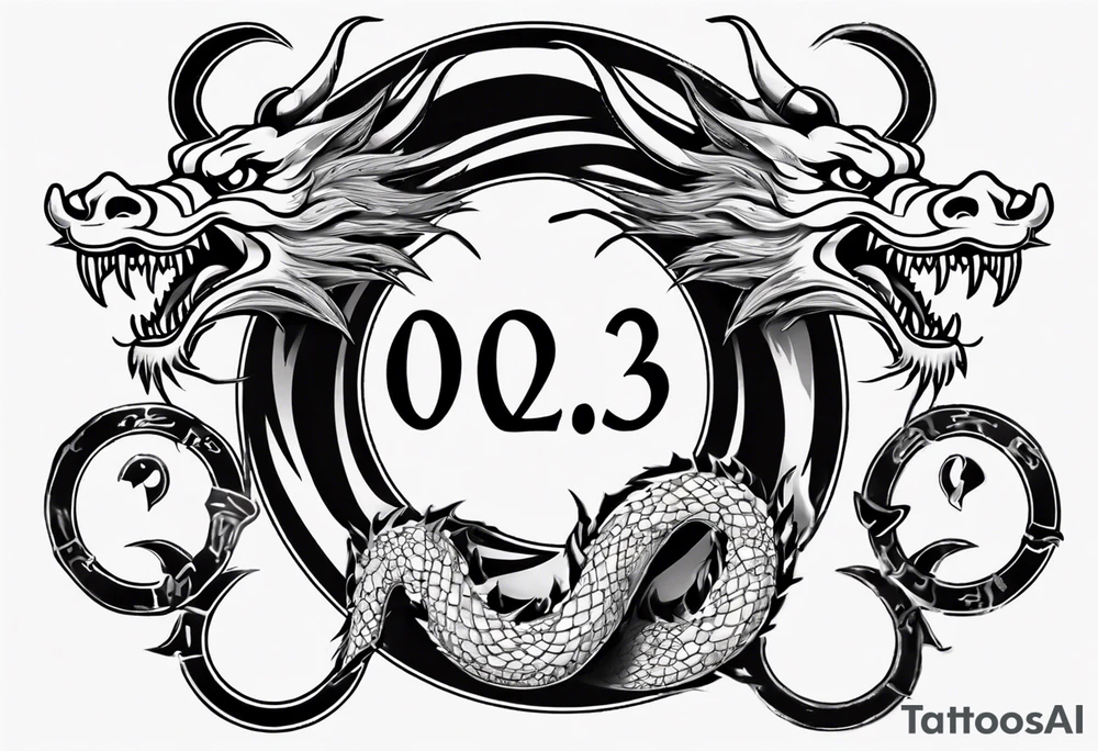 Chinese dragon in a circular shape with "02.03" written on its skin tattoo idea