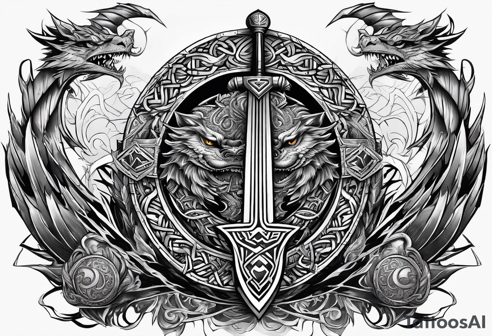 Valhalla sword shield long ship dragon head axe Valknut tattoo idea