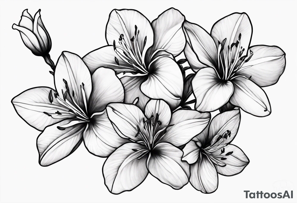 5-petal azaleas with buds along a long branch tattoo idea