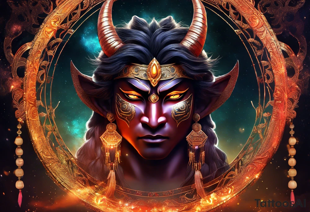 A majestic demon king face with devilish features placed above torii gate is showcased in this realism image depicting keertimukh. The king's deep-set glowing galaxy-styled large eyes give off an aura of power and mystery. The king's head is acting as dreamcatcher and has braids styled like predator, with 2-3 ending with flame-styled feathers. The king's face is intricately dotted in narsimha/ rudra symbols. The head has a crown shaped blue and orangish flames with intricate and prominent koru maori symbols in the shape of trishul/ trident. The image is filled with vibrant colors, with lot of deep blue, deep purple, and violet, with streaks of bright orange and yellow. This face bust (only face) is atop of a torii gate which is in a brush stroke style, somewhat visible. The king looks regal and powerful. tattoo idea