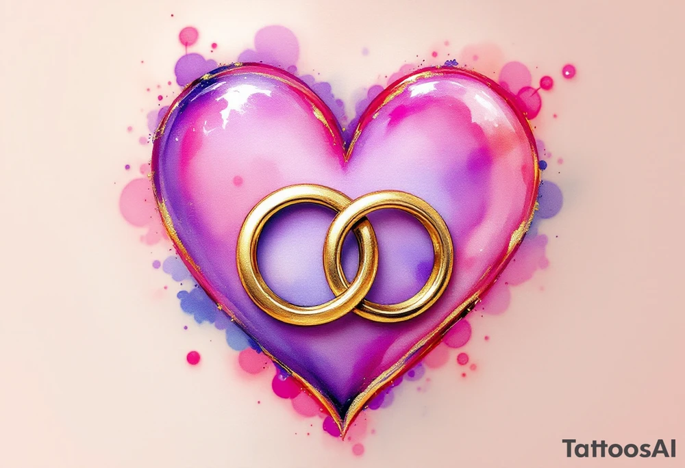 A soft, watercolor heart painted in shades of pink and purple, with two intertwined gold wedding rings placed in the center. Soft pinks, lavender, gold, and touches of light blue for a dreamy vibe. tattoo idea