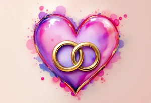 A soft, watercolor heart painted in shades of pink and purple, with two intertwined gold wedding rings placed in the center. Soft pinks, lavender, gold, and touches of light blue for a dreamy vibe. tattoo idea