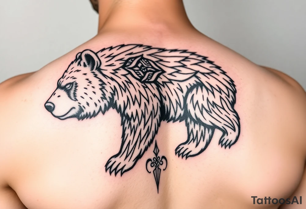 Nordic Viking themed bear on shoulder Vegvisir symbol tribal elder furthark bicep band tattoo idea