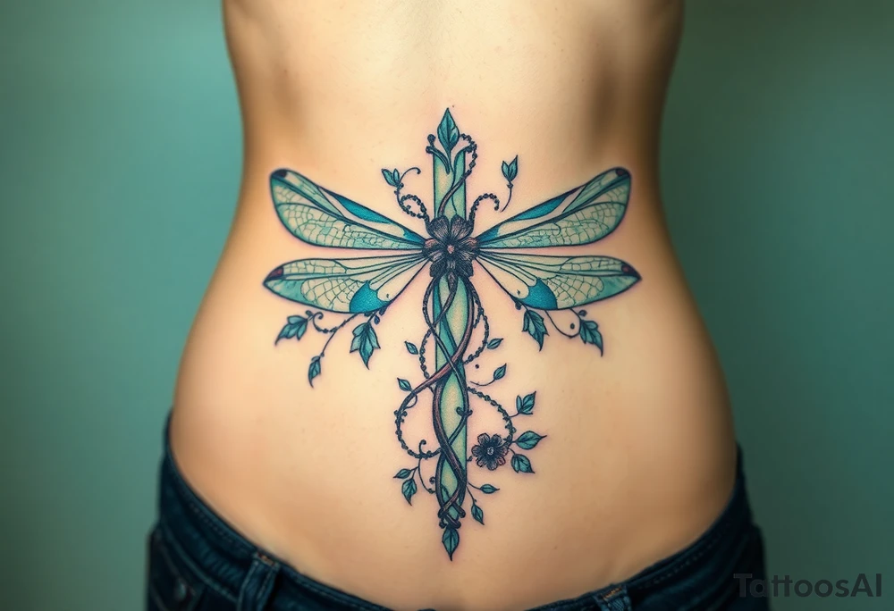 A cross made of twisting vines and flowers, with dragonfly-like wings in shades of teal and green tattoo idea