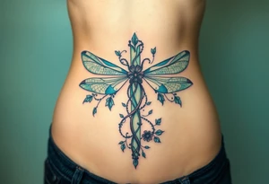 A cross made of twisting vines and flowers, with dragonfly-like wings in shades of teal and green tattoo idea