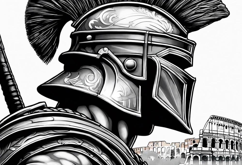 Side profile of spartan soilder with Rome Pantheon and colosseum in background tattoo idea