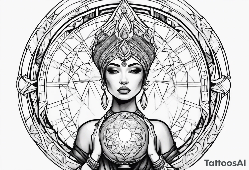 Woman holding orb of divinity overhead tattoo idea