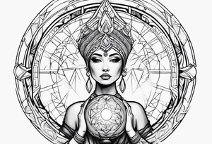 Woman holding orb of divinity overhead tattoo idea