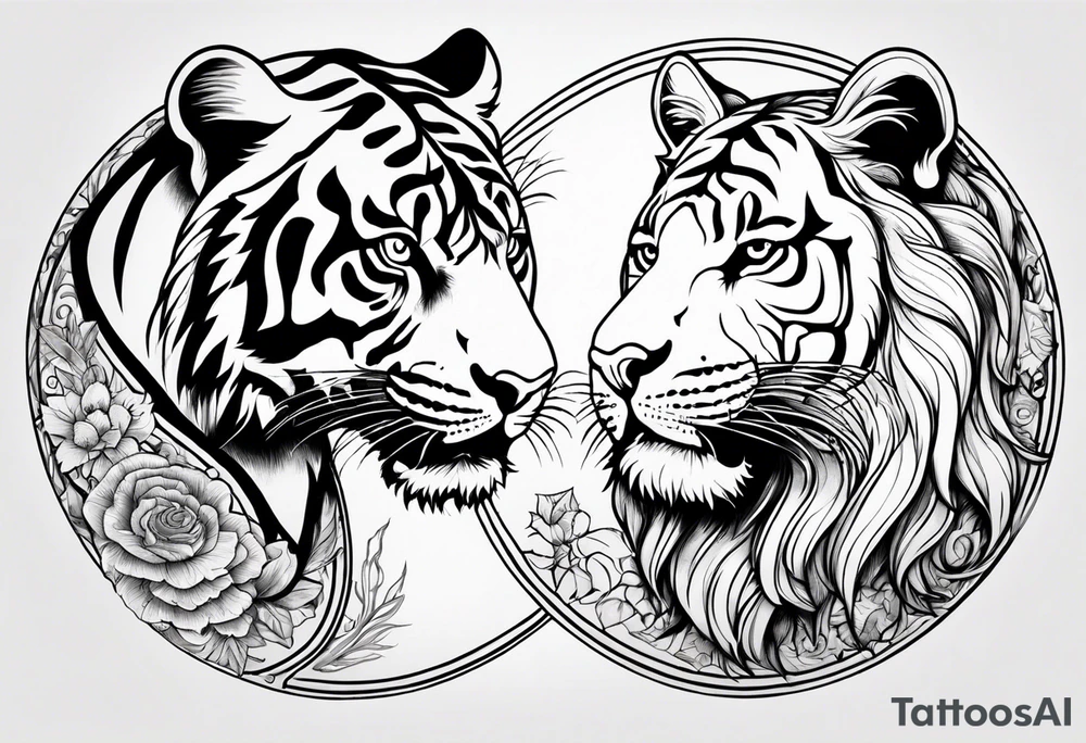 Tiger and lion on a yin yang plate tattoo idea