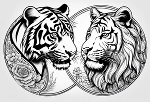 Tiger and lion on a yin yang plate tattoo idea