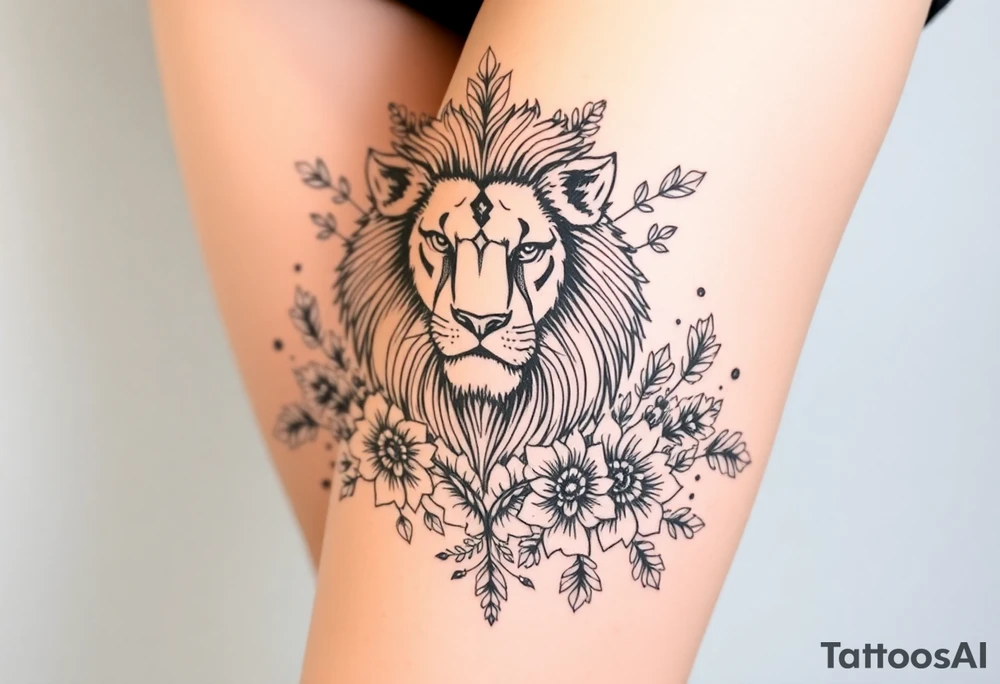 powerful majestic lion with a crown, surrounded by floral ornaments and birds tattoo idea